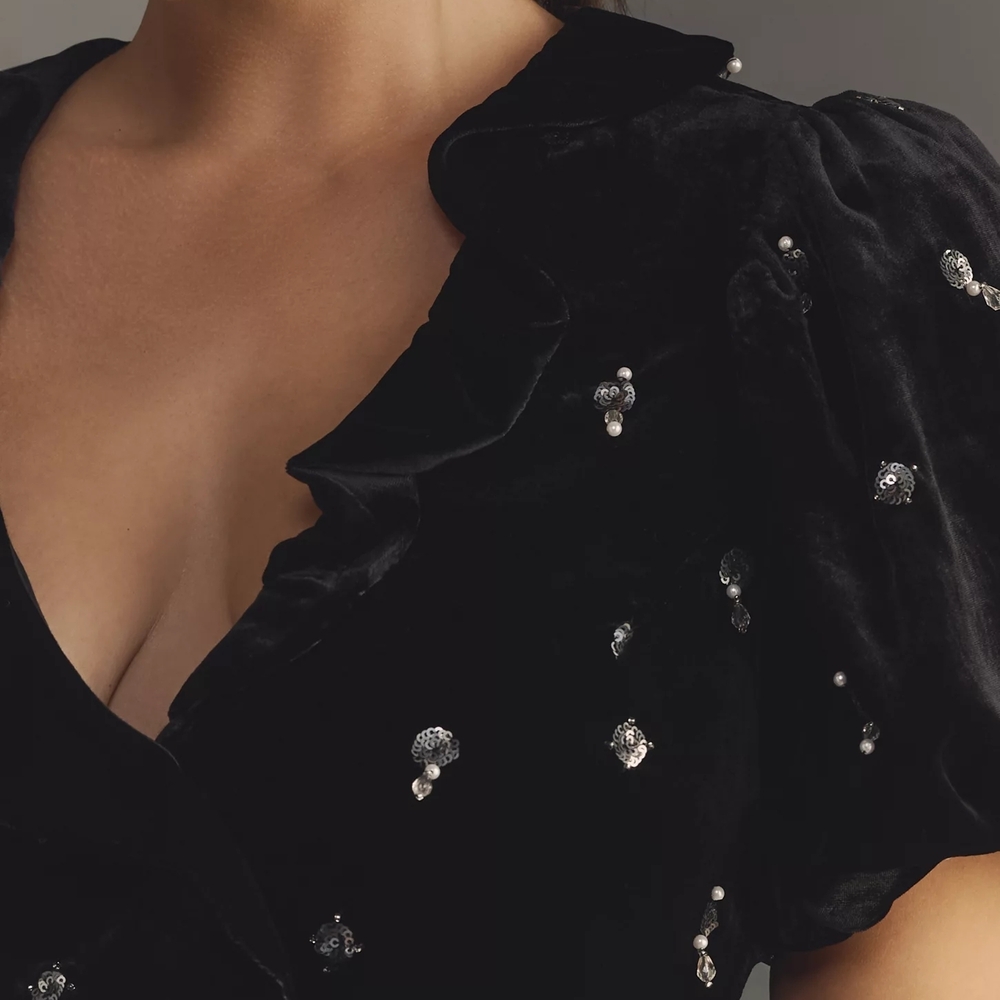 Anthropologie Maeve Black Mini Dress with Silver Accents Gala Formal Date night - Picture 3 of 10